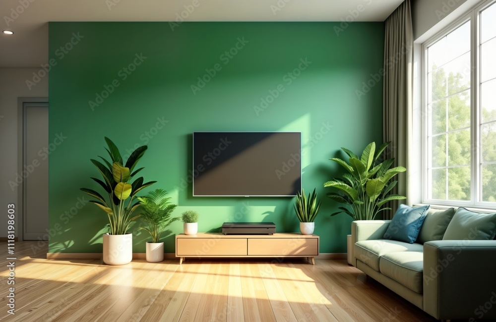 Empty living room with green walls, hardwood floor. Potted plants add green plants. Modern furniture includes TV console, couch, TV. Natural light streams in through window. Peaceful, bright Empty living room with green walls, hardwood floor. Potted plants add green plants. Modern furniture includes TV console, couch, TV. Natural light streams in through window. Peaceful, bright