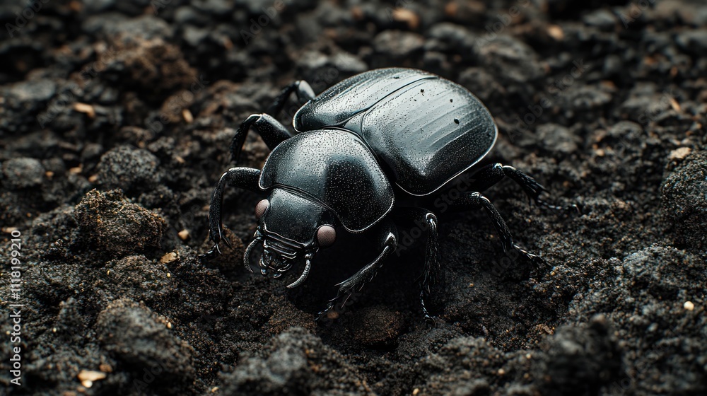 Close-up of a black beetle on dark soil. Close-up of a black beetle on dark soil.