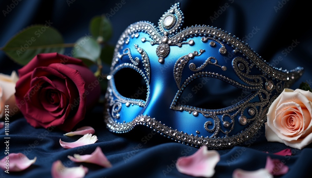 Naklejka premium Blue Masquerade Mask with Roses and Petal Scatter