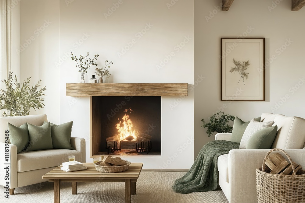 Naklejka premium Cozy farmhouse living room interior with warm colors. Fireplace with burning wood central. Light beige sofa, armchair, wooden coffee table in room. Soft green accents add warmth. Plants, dried