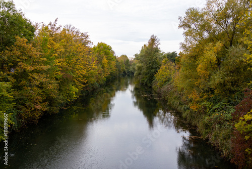 View of Karl Heine Canal in autumn, Leipzig, Saxony, Germany