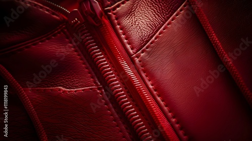 Close-up of a red leather jacket with zipper and stitching.