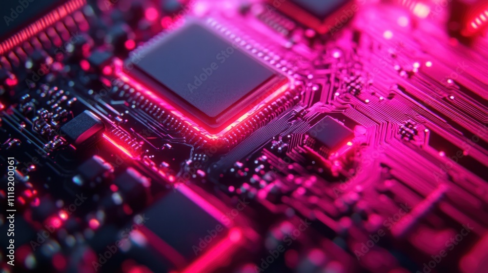 Close-up of a circuit board with a central processor chip, highlighted with vibrant pink neon light.