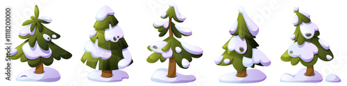 Vector set of cartoon fir trees of different shapes under snow. Snow-covered forest tree, pine tree in snowdrift, Christmas tree. Clip art for children's books and educational games.