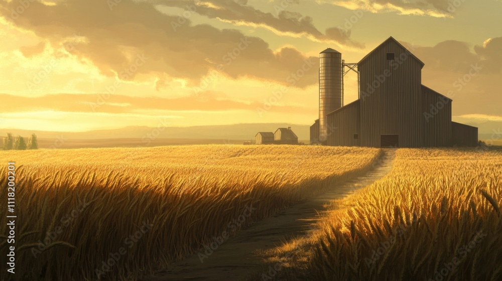 Fototapeta premium Ripe wheat illuminated by sunlight, with a granary and grain elevator creating a soft industrial backdrop