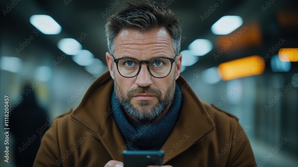 A man with glasses and a stylish jacket looks intently at his phone in a modern urban environment, representing connectivity, focus, and contemporary style. A man with glasses and a stylish jacket looks intently at his phone in a modern urban environment, representing connectivity, focus, and contemporary style.