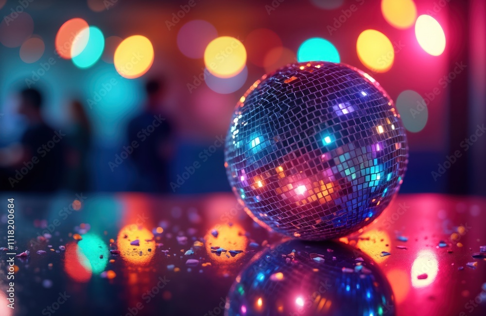 Disco ball reflecting colorful lights on shiny surface. Vibrant festive ambience. Party atmosphere. Shiny disco ball glows. Nightclub ambiance. Colorful lights sparkle, reflect. Shiny surface Disco ball reflecting colorful lights on shiny surface. Vibrant festive ambience. Party atmosphere. Shiny disco ball glows. Nightclub ambiance. Colorful lights sparkle, reflect. Shiny surface