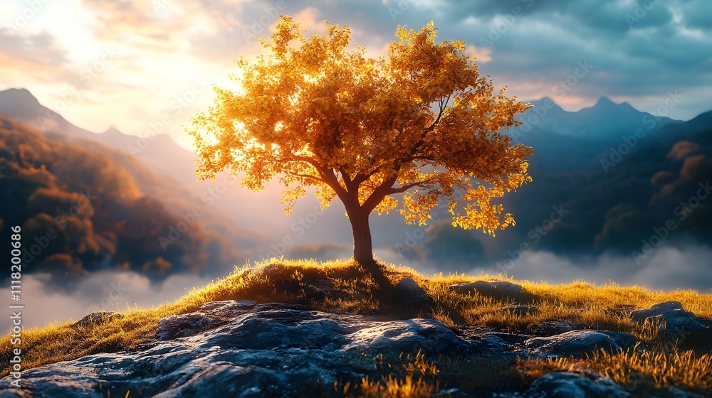 Golden Tree in a Serene Mountain Landscape at Sunrise Golden Tree in a Serene Mountain Landscape at Sunrise