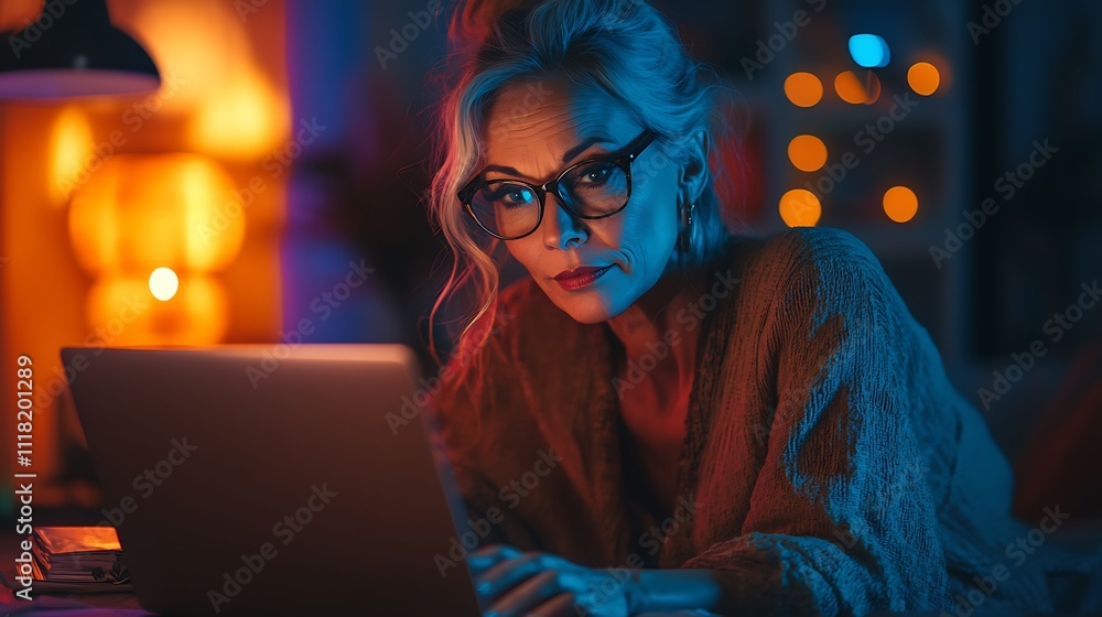Woman working on laptop in cozy room evening lifestyle modern Woman working on laptop in cozy room evening lifestyle modern