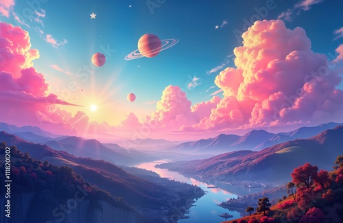 Magical landscape with pastel pink, purple clouds. Planets, stars float in vibrant sky. Mountains, valleys hug tranquil river. Trees with autumnal colors line hills. Ideal for dreamy backgrounds, photo