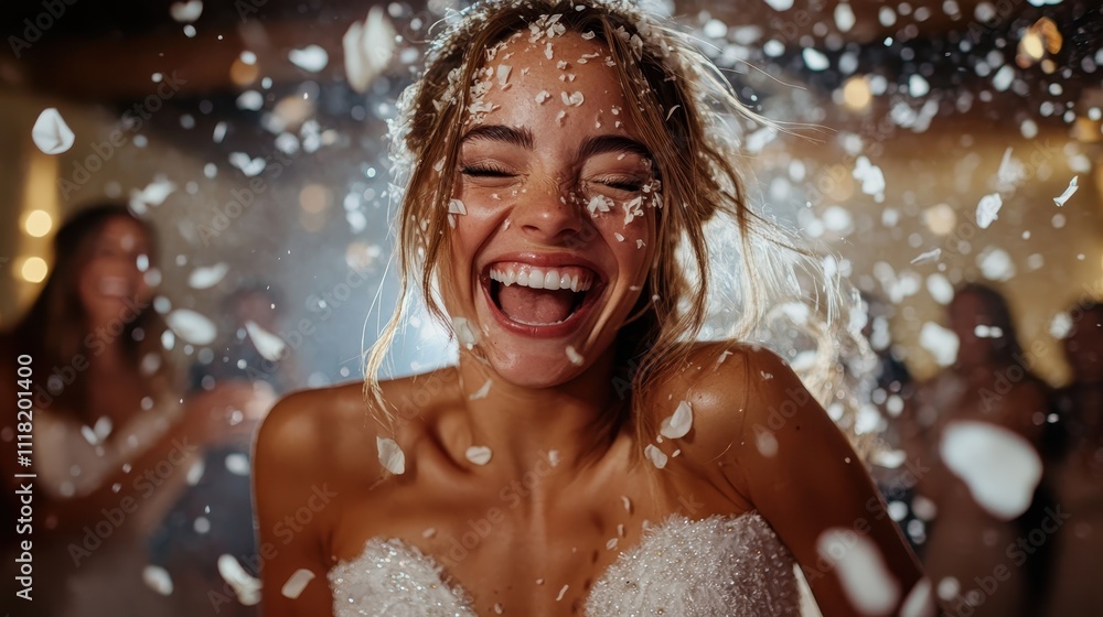 A vibrant bride wearing a floral headpiece joyfully dances in a storm of petal confetti, capturing the exhilaration and unbridled joy of her wedding celebration. A vibrant bride wearing a floral headpiece joyfully dances in a storm of petal confetti, capturing the exhilaration and unbridled joy of her wedding celebration.