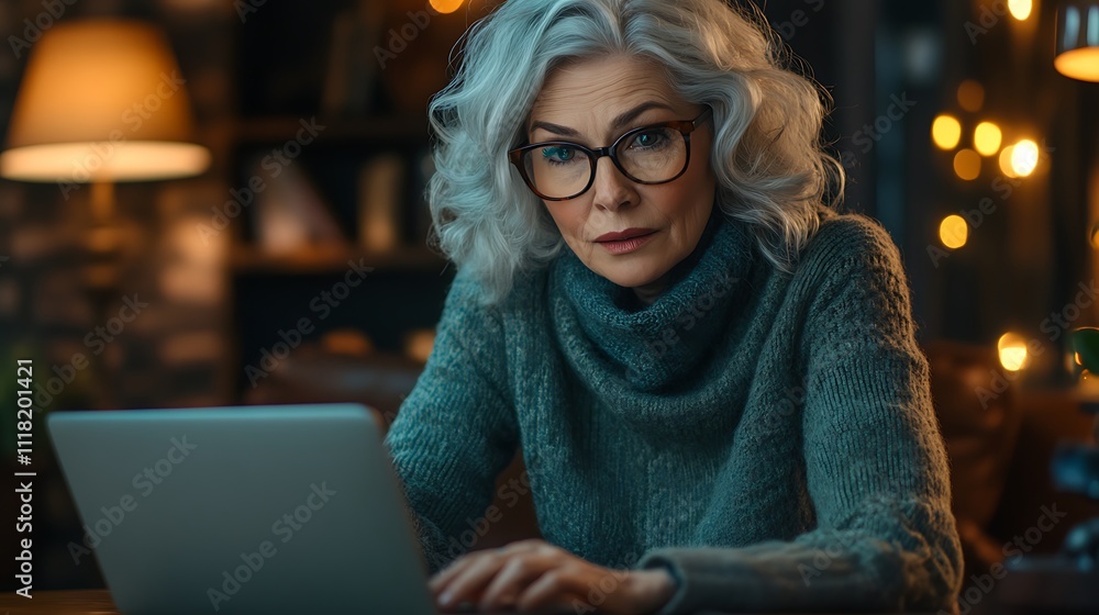 Woman working late on laptop in cozy living room environment Woman working late on laptop in cozy living room environment