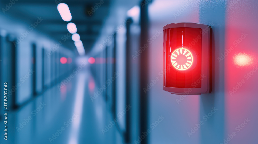fire alarm smoke evacuation. Glowing fire alarm hallway no body fire alarm smoke evacuation. Glowing fire alarm hallway no body