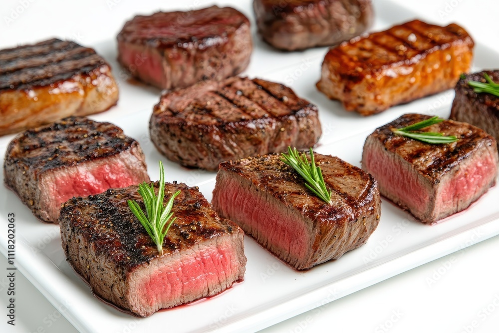 A selection of perfectly grilled steaks served on white plates A selection of perfectly grilled steaks served on white plates