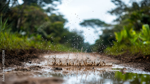 Close-up of raindrops falling in puddles on a dirt road, with a blurred background of green trees, creating a natural and peaceful scene.