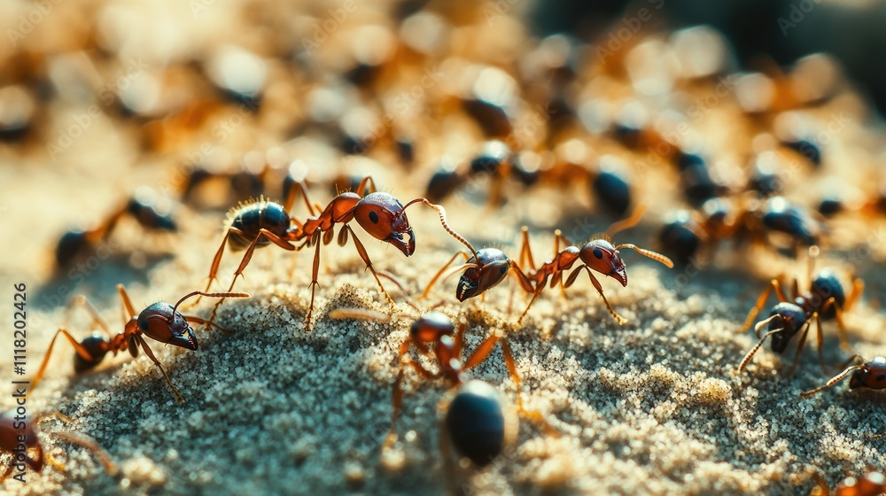 Close-up of a colony of red ants foraging on sandy ground. Close-up of a colony of red ants foraging on sandy ground.