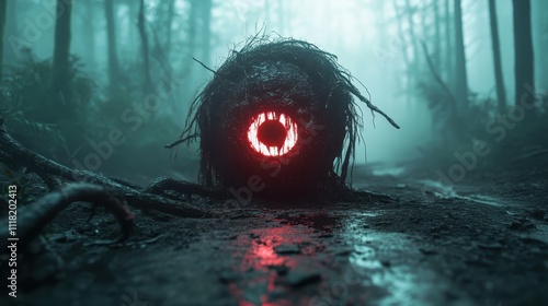 A mysterious creature with glowing red eyes emerges ominously from the shadows of a dark, fog-laden forest, creating a sense of eerie and unsettling fascination. photo