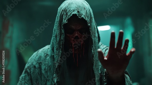 A terrifying hooded figure with a gruesomely distorted, red-dripping face reaches out as if emerging from the shadows, filling the space with horror and shock. photo