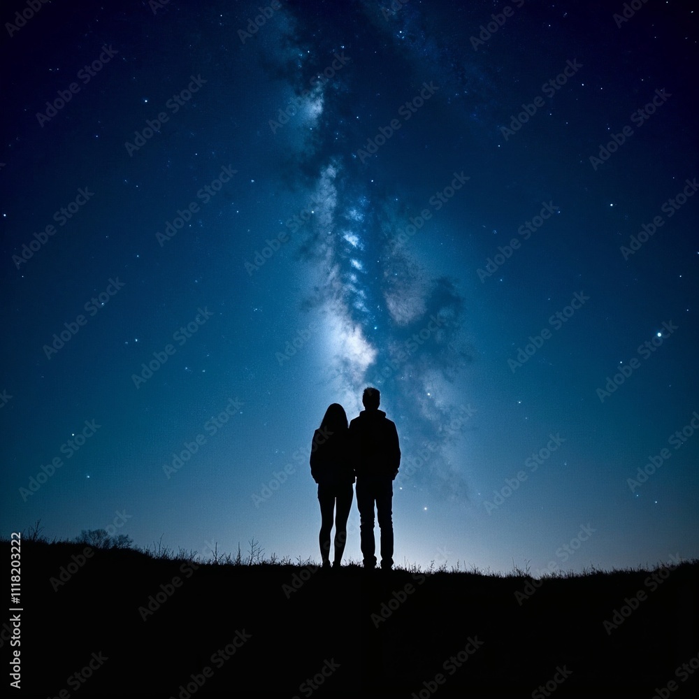 Couple Standing on a Hilltop Gazing at the Milky Way Under a Clear Night Sky Couple Standing on a Hilltop Gazing at the Milky Way Under a Clear Night Sky