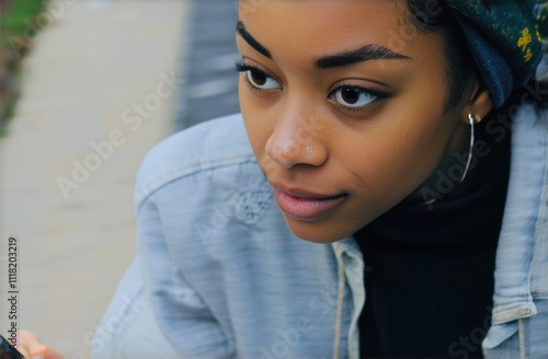 portrait of a young woman on the street taking a selfie, close-up