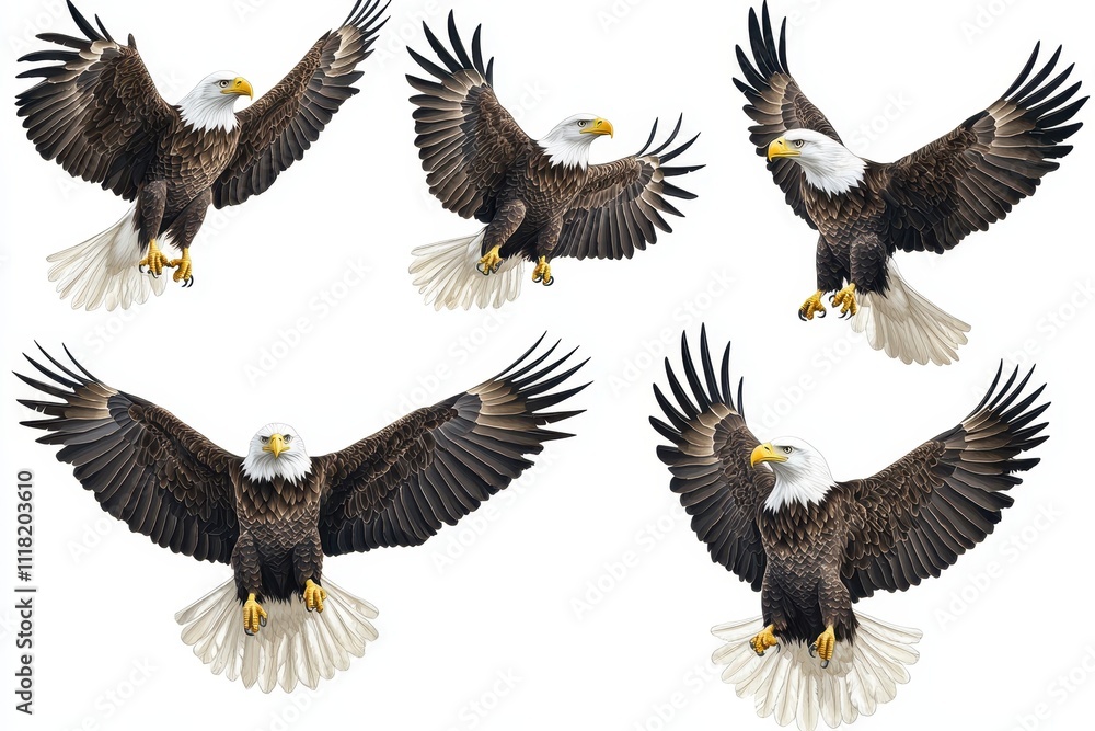 Fototapeta premium A set of bald eagles isolated on a white background