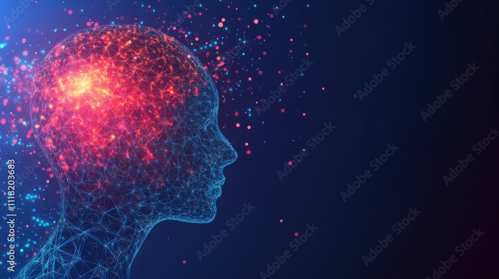 A polygonal representation of a human head displays bright neural connections and activity. This digital artwork highlights the intersection of technology and human cognition through vivid colors