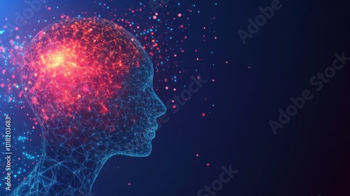 Obraz na płótnie A polygonal representation of a human head displays bright neural connections and activity. This digital artwork highlights the intersection of technology and human cognition through vivid colors w salonie