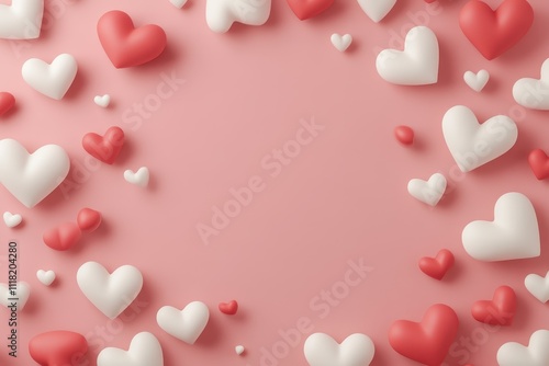 3D red and white heart shapes scattered around a pink background