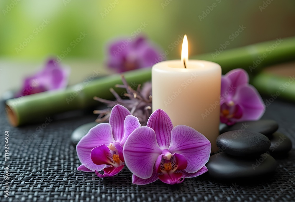 Serene Spa Setting with Orchid Flowers, Candles, and Black Stones in Garden Serene Spa Setting with Orchid Flowers, Candles, and Black Stones in Garden