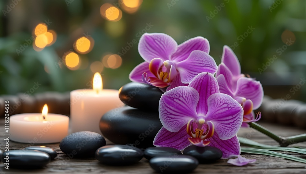 Luxury Spa Setting with Orchids, Candles, and Black Stones in Garden Luxury Spa Setting with Orchids, Candles, and Black Stones in Garden