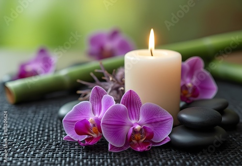 Serene Spa Setting with Orchid Flowers, Candles, and Black Stones in Garden