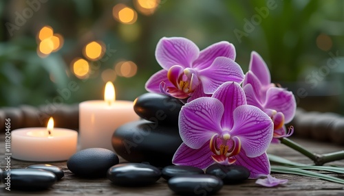 Luxury Spa Setting with Orchids, Candles, and Black Stones in Garden