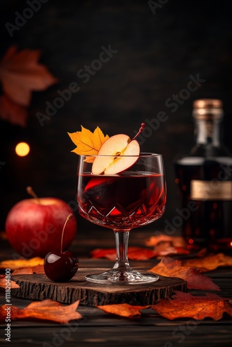  Copa de cóctel oscuro decorada con rodajas de manzana, cerezas frescas y hojas de arce, situada sobre una mesa rústica con decoraciones otoñales.
 photo