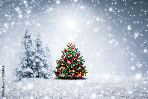 Dekorierter Weihnachtsbaum im Wald mit Schnee