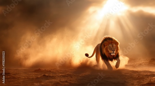 Against a backdrop of ethereal sun rays, a lone lion strides through the dusk desert, its presence dominating and fierce, representing solitude and majesty. photo