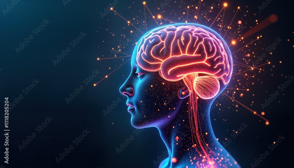 Fototapeta premium Digital illustration of human brain with neural connections, glowing data points. Profile view of head detailed brain structure. Neural pathways radiate outwards forming abstract visual of complex