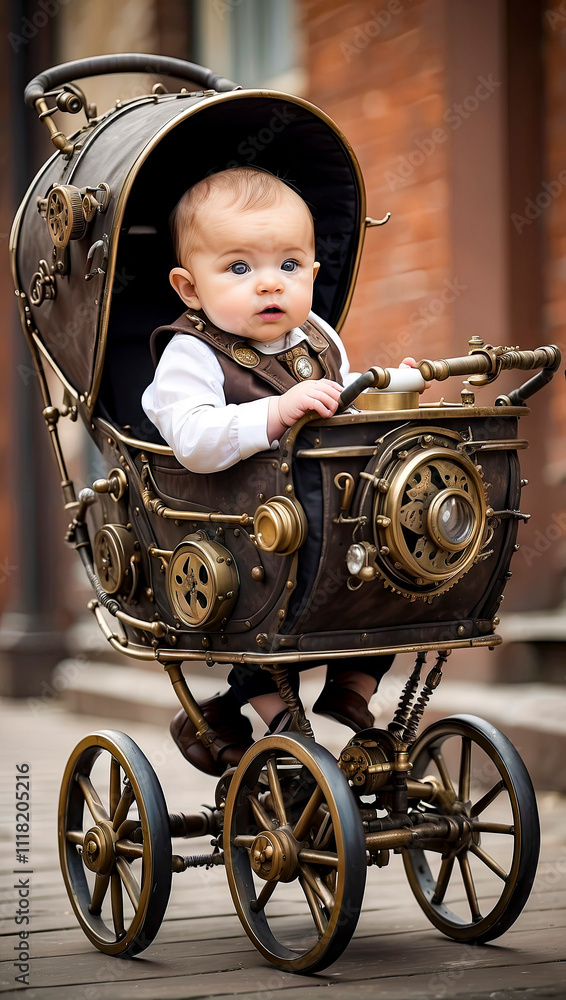 baby in a stylish steampunk stroller on the street. steampunk universe.