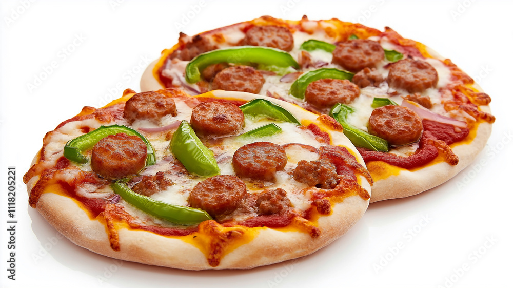 Mini pizza with sausage and green peppers, isolated on a white background
Mini pizza with sausage and green peppers, isolated on a white background