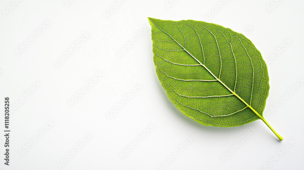 Obraz premium Close-up of a single vibrant green leaf on a plain white background, showcasing its detailed texture and veins.