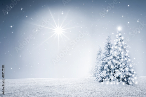 Winterliche Schneelandschaft mit Tannenbäumen und Schneeflocken