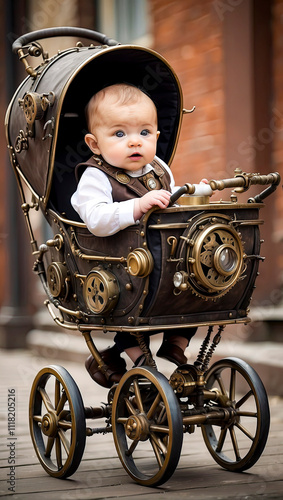 Obraz na płótnie baby in a stylish steampunk stroller on the street. steampunk universe. w salonie