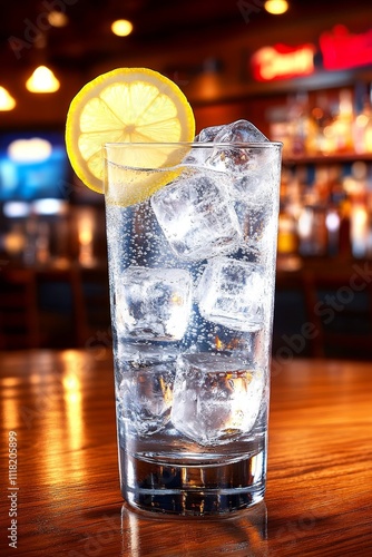  Vaso alto con agua con gas, decorada con rodaja de limón y cubos de hielo. Fondo cálido de un bar iluminado.
 photo