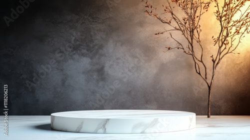 A round marble pedestal positioned before a textured dark wall, adorned with barren branches and warm, inviting light casting an autumnal, cozy atmosphere. photo