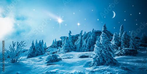 Sternenhimmel und Mond in verschneiter Landschaft