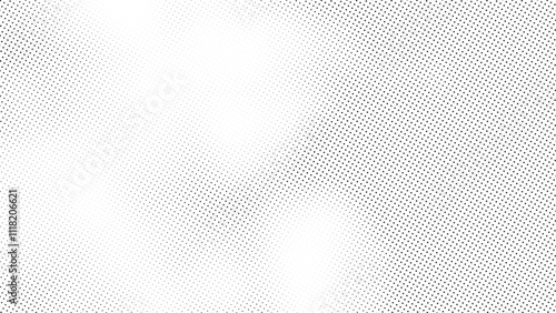 Abstract halftone pattern texture with black dots arranged in a fading gradient across a white background. Vector noise gradient.