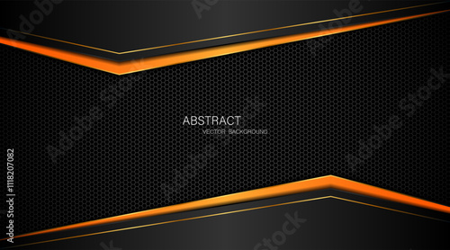 Abstract black and orange polygon with golden lines on dark steel mesh background with free space for design. modern technology innovation concept background	