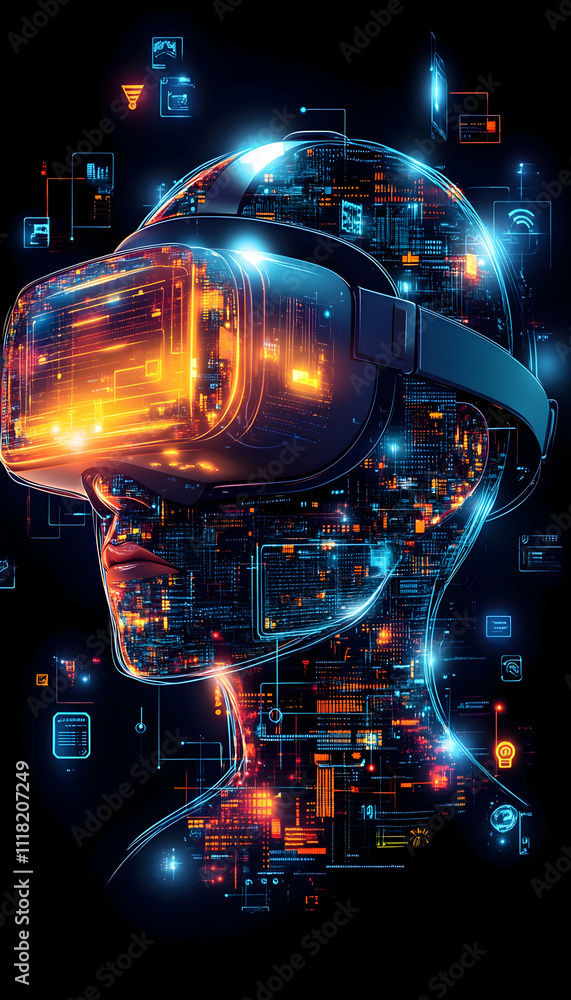 Person wearing VR headset, digital data streams. Person wearing VR headset, digital data streams.