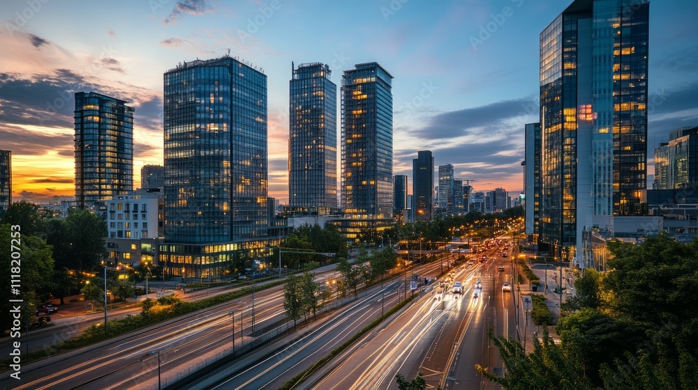 Fototapeta premium City skyline at sunset with busy highway and modern skyscrapers.