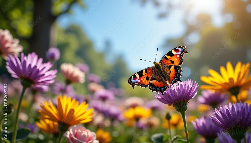 Colorful butterfly on vibrant flowers in a sunny garden Colorful butterfly on vibrant flowers in a sunny garden