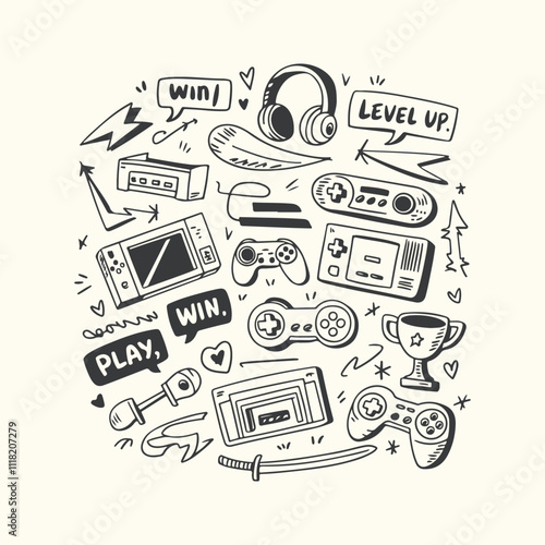 Video game hand drawn doodle set Vector Design Illustration